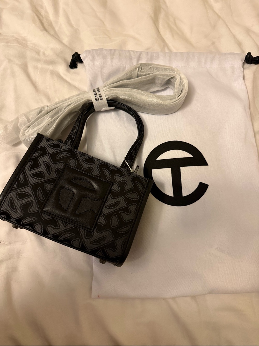 Telfar Black Mini Tote with Monogram Print